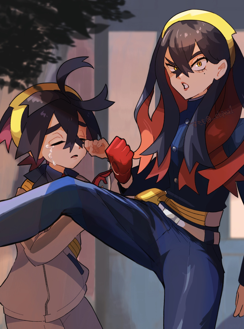 1boy 1girl belt belt_buckle black_hair blue_jacket blue_pants brother_and_sister buckle buttons carmine_(pokemon) cbpea1 clenched_hand clenched_teeth commentary_request crossed_bangs crying eyelashes fanny_pack gloves hair_between_eyes hairband highres jacket kieran_(pokemon) leg_up long_hair long_sleeves outdoors pants pokemon pokemon_(game) pokemon_sv red_gloves siblings single_glove tears teeth white_belt yellow_bag yellow_eyes yellow_hairband