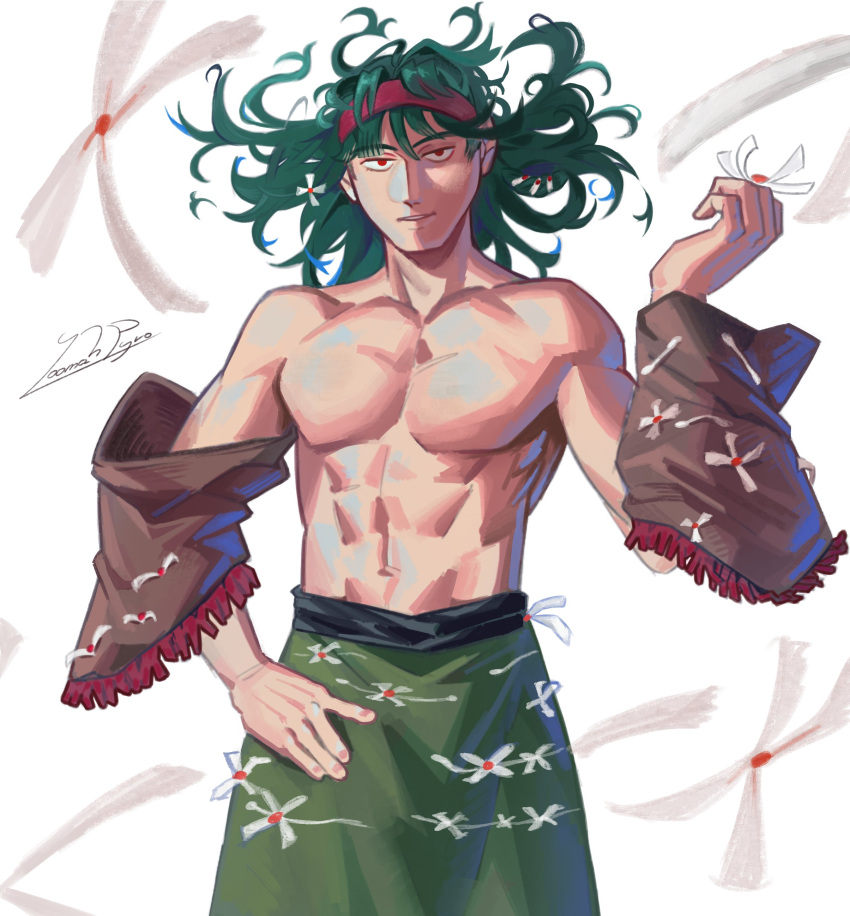 1boy abs absurdres blunt_bangs brown_headband detached_sleeves genderswap genderswap_(otm) green_hair headband highres large_pectorals len'en mature_male muscular muscular_male para_(len'en) pectorals red_eyes short_hair solo yoomah