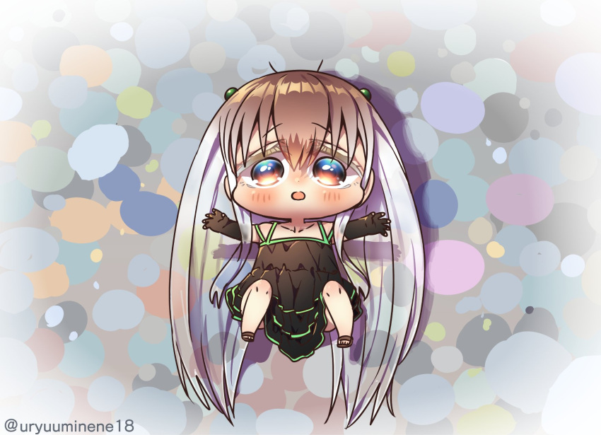 1girl :o absurdly_long_hair bare_shoulders black_dress black_gloves blush_stickers brown_eyes chibi cicada_girl commentary_request dress gloves gradient_eyes hair_bobbles hair_ornament harumina_mau highres legs_up long_hair looking_ahead looking_at_viewer lying multicolored_eyes on_back original personification sandals sleeveless sleeveless_dress solo straight-on tareme translucent_hair twitter_username very_long_hair white_hair