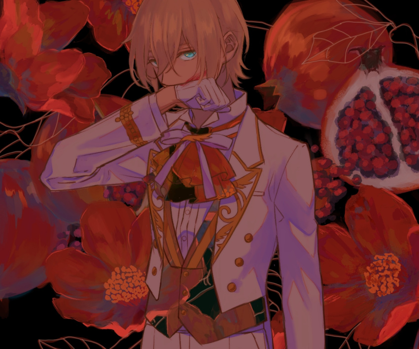 1boy black_hair blonde_hair blood blood_on_face blue_eyes ensemble_stars! flower flowering_quince food fruit gloves jacket long_sleeves looking_at_viewer male_focus mug_(shade-right) pants pomegranate red_flower short_hair solo tenshouin_eichi white_gloves white_jacket white_pants wiping_blood