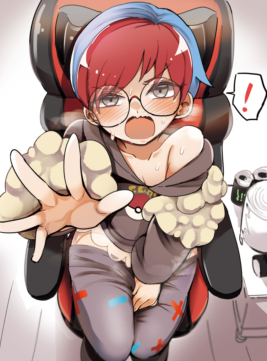 ! 1girl :o blue_hair blush can chair clothes_pull collarbone commentary_request diz_(diznaoto) glasses grey_eyes grey_pantyhose highres hood hoodie indoors looking_at_viewer multicolored_hair off_shoulder open_mouth pantyhose pantyhose_pull penny_(pokemon) poke_ball_print pokemon pokemon_(game) pokemon_sv red_hair round_eyewear short_hair sitting solo spoken_exclamation_mark spread_fingers sweat tongue two-tone_hair