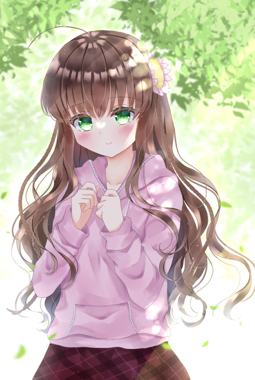 1girl ahoge blurry blush braid breasts brown_hair casual cleavage clenched_hands commentary cowboy_shot dappled_sunlight day depth_of_field eyelashes eyes_visible_through_hair falling_leaves flower green_eyes hair_between_eyes hair_flower hair_ornament hands_up highres hood hood_down hoodie kanbe_kotori leaf light_particles light_rays lips long_hair long_sleeves looking_at_viewer official_alternate_costume outdoors pink_flower pink_hoodie rewrite smile solo standing sunbeam sunlight suzu_701kt twin_braids very_long_hair wavy_hair