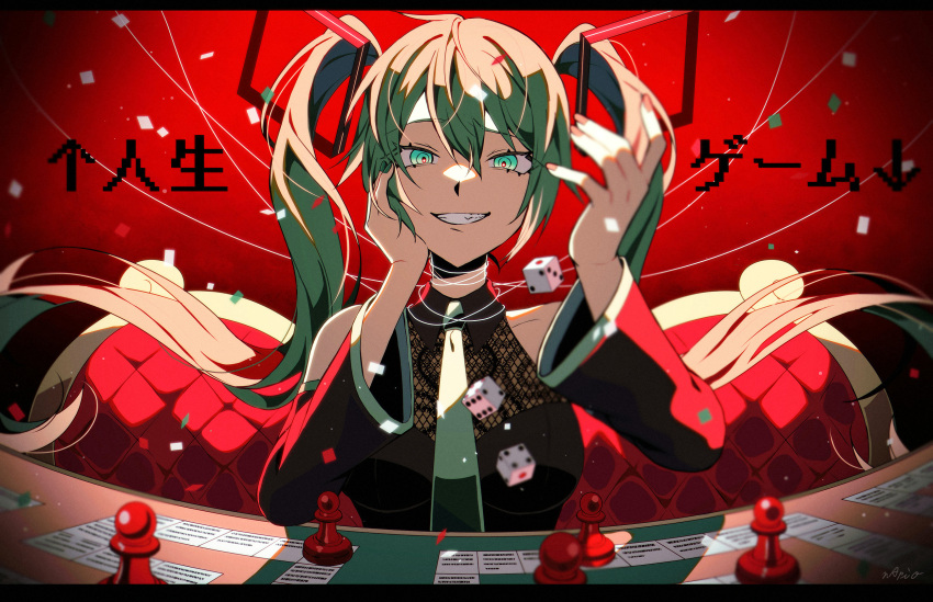 1girl aqua_eyes aqua_hair black_sleeves blue_nails detached_sleeves dice green_nails green_necktie grin halterneck hand_on_own_cheek hand_on_own_face hatsune_miku highres jinsei_game_(yuzuhiko) long_hair napio necktie smile solo twintails very_long_hair vocaloid