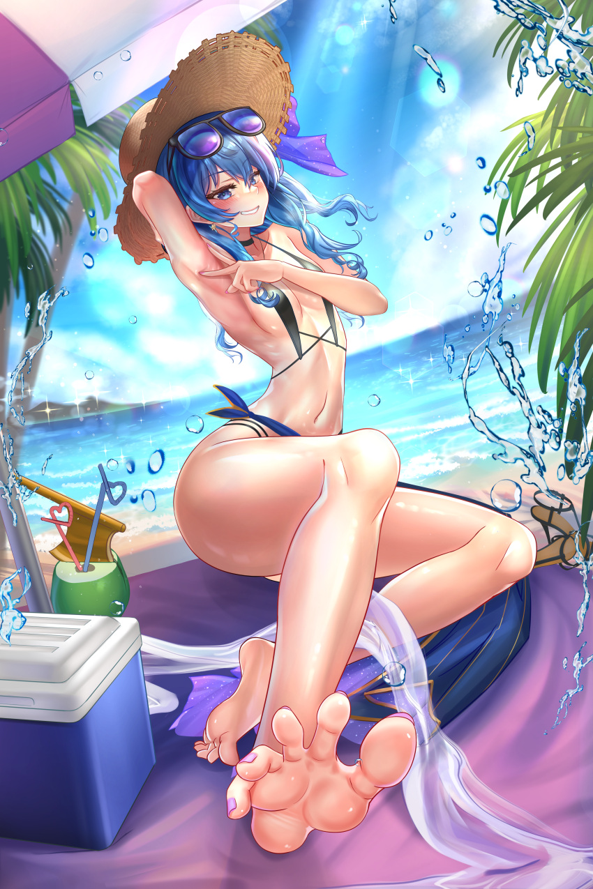 1girl absurdres alternate_costume arched_back arm_support arm_up armpits axe barefoot beach beach_towel beach_umbrella bikini black_bikini black_choker blue_eyes blue_sky blurry blurry_background blush breasts choker coconut_cup cooler day depth_of_field drinking_straw dutch_angle eyelashes eyewear_on_head feet foot_focus foreshortening full_body gold_trim hair_between_eyes hat hat_ribbon highres hololive hoshimachi_suisei jagoo jewelry knee_up legs lens_flare long_hair looking_at_viewer nail_polish navel necklace ocean on_ground open_mouth outdoors paid_reward_available palm_tree purple_nails ribbon sandals sandals_removed shiny_skin sitting sky slingshot_swimsuit small_breasts smile smug soles solo sparkle splashing spread_armpit spread_toes star_(symbol) star_necklace strappy_heels straw_hat sunglasses swimsuit thighs toenail_polish toenails toes towel tree umbrella virtual_youtuber