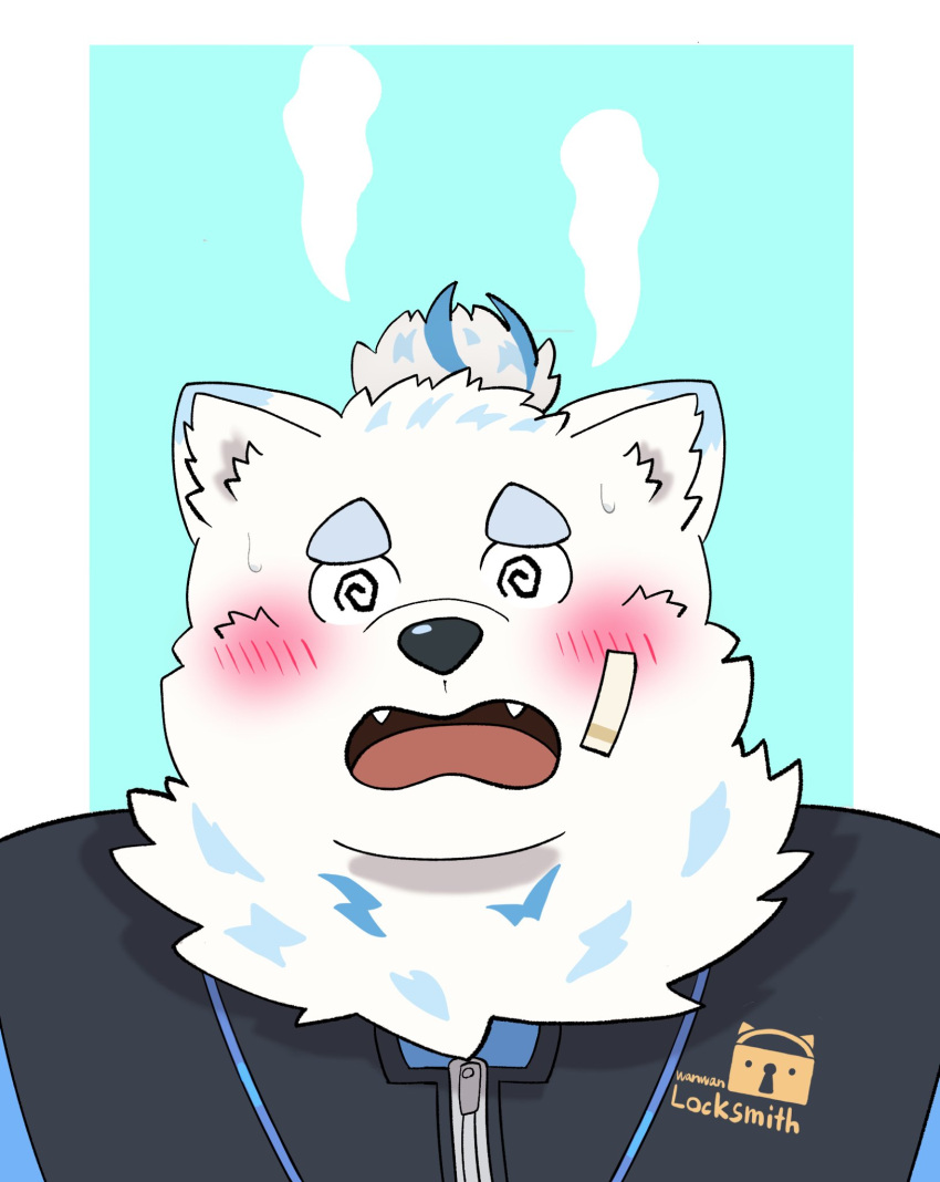 anthro bandage blush canid canine canis domestic_dog embarrassed eyebrows fur hi_res lifewonders live_a_hero male mammal motsumaru_s17 overweight solo spiral_eyes thick_eyebrows topknot white_body white_fur yohack