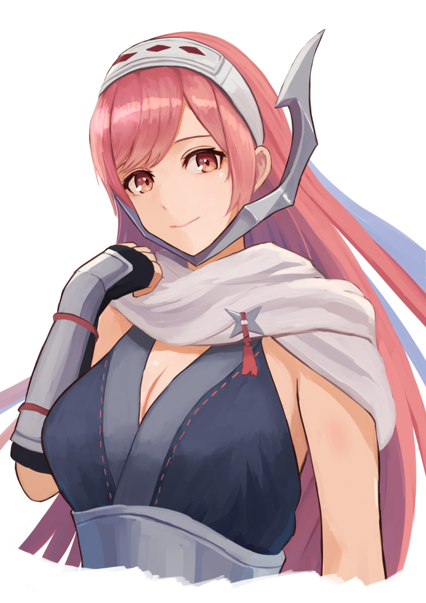 1girl arm_armor armor black_gloves breasts cherche_(fire_emblem) cherche_(ninja)_(fire_emblem) cleavage closed_mouth elbow_gloves fingerless_gloves fire_emblem fire_emblem_awakening fire_emblem_heroes gloves highres japanese_armor labebebe_lee long_hair looking_at_viewer ninja official_alternate_costume pink_eyes pink_hair scarf sleeveless solo white_background white_scarf