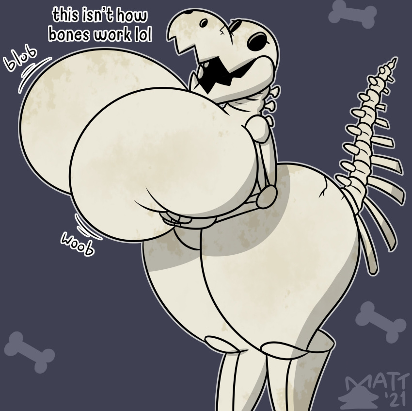 2021 absurd_res animated_skeleton anthro backbend big_breasts big_butt bone breast_squish breasts butt cracked curvy_figure dinosaur english_text featureless_breasts female hi_res holding_breast huge_breasts hyper hyper_breasts mattthetooncat open_mouth reptile scalie signature simple_background skeleton solo sound_effects squish standing tail text theropod tyrannosaurid tyrannosaurus tyrannosaurus_rex undead wide_hips