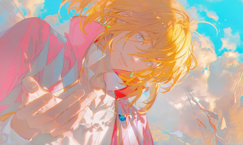 1boy antenna_hair argyle argyle_coat blonde_hair blue_eyes blue_sky checkered_clothes closed_mouth cloud coat crystal_earrings earrings eyelashes floating_hair glowing hair_between_eyes high_collar howl_(howl_no_ugoku_shiro) howl_no_ugoku_shiro jewelry light looking_at_viewer male_focus medium_hair mian_lang necklace open_clothes open_coat reaching reaching_towards_viewer red_coat shirt sidelocks sky smile solo sparkle upper_body white_shirt wind