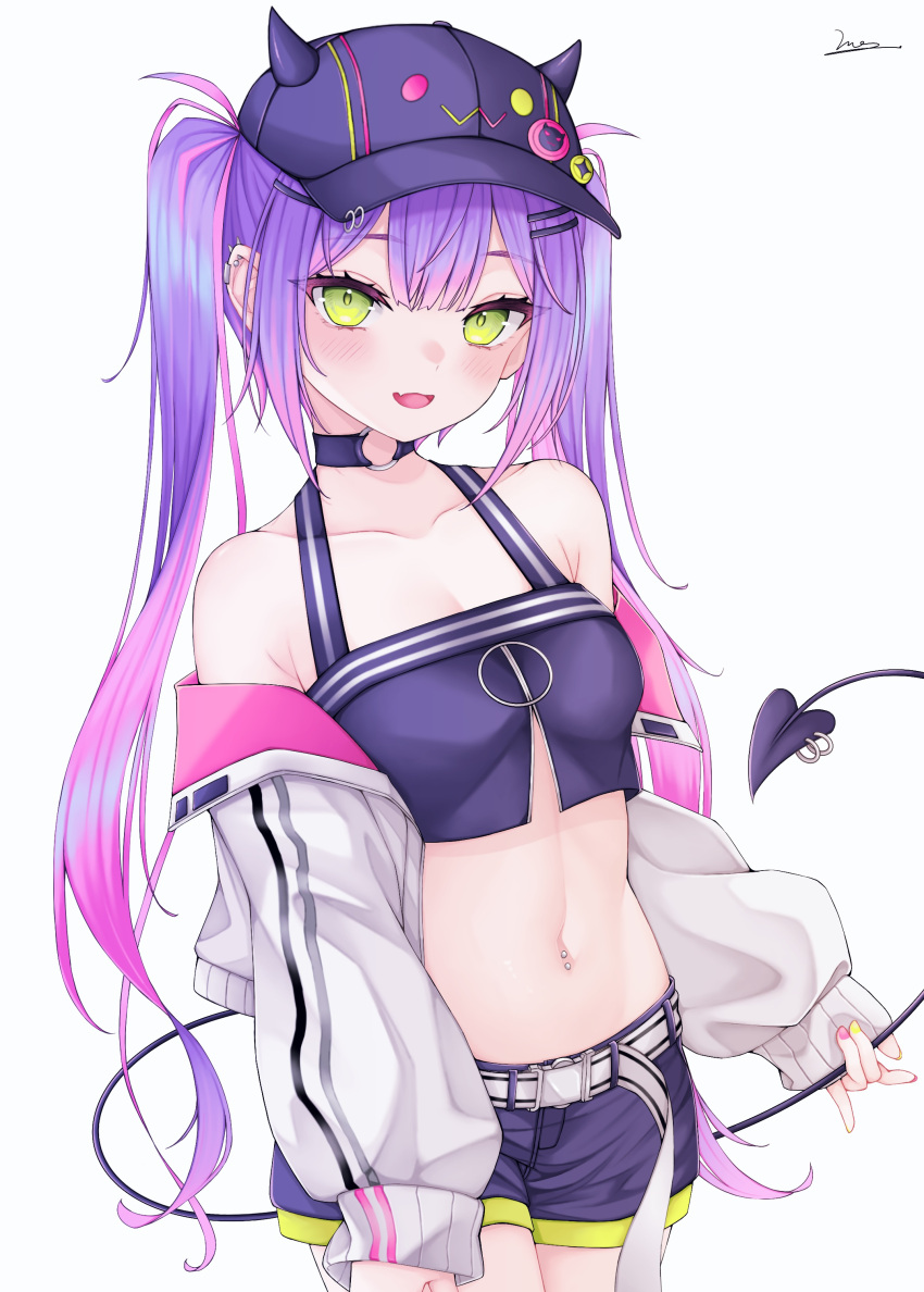 1girl absurdres baseball_cap belt bibi_(tokoyami_towa) black_choker black_shorts black_tank_top breasts choker demon_tail fang green_eyes hat highres holding_own_tail hololive jacket long_hair looking_at_viewer multicolored_hair nail_polish navel o-ring o-ring_choker open_mouth piercing pink_hair pink_nails purple_hair short_shorts shorts skin_fang small_breasts smile streaked_hair tail tail_ornament tail_piercing tank_top tokoyami_towa tokoyami_towa_(1st_costume) twintails vini_(frisco) virtual_youtuber white_belt white_jacket