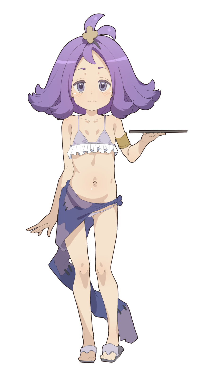 1girl :3 absurdres acerola_(pokemon) adapted_costume armlet bikini blush closed_mouth commentary commission flip-flops flipped_hair frills full_body grey_eyes hair_ornament hairclip hand_up highres holding holding_tray knees medium_hair navel pokemon pokemon_(game) pokemon_sm purple_hair s10021 sandals sarong smile solo standing stitches swimsuit topknot tray