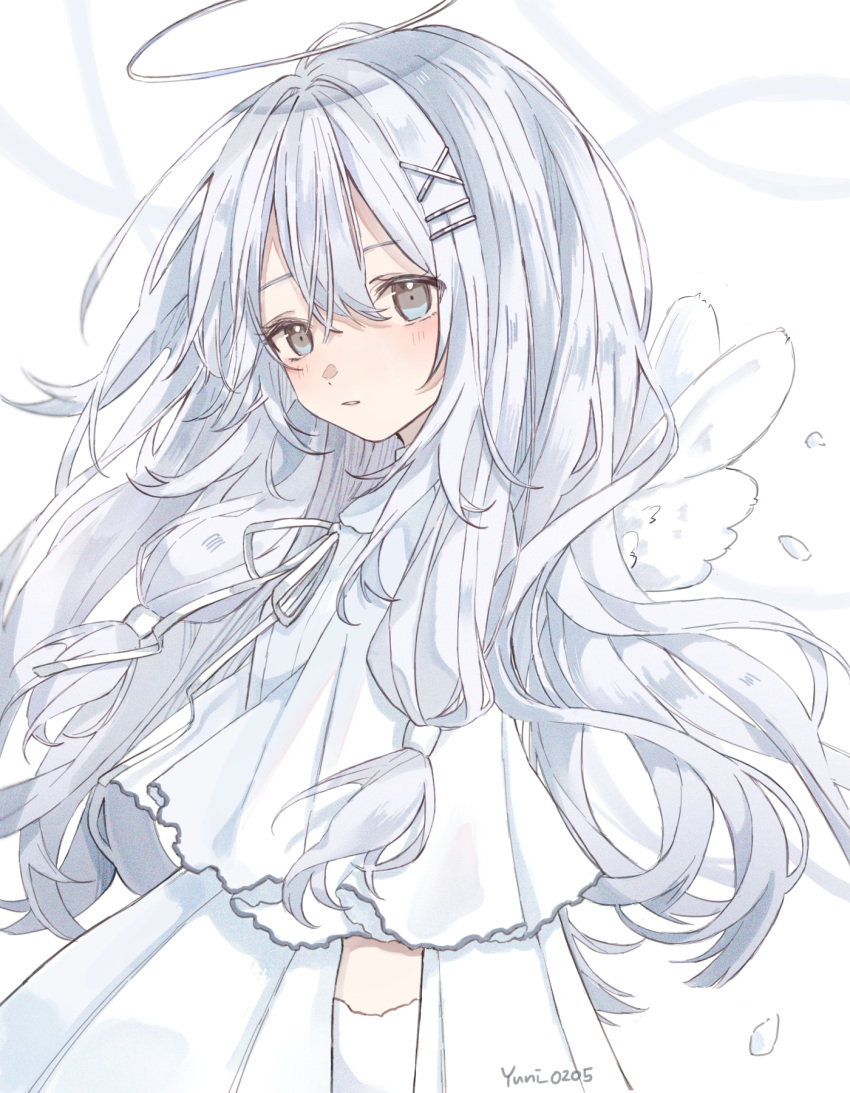 1girl :o angel angel_wings artist_name dress eyeshadow grey_eyes grey_hair hair_ornament hairclip highres long_hair looking_at_viewer low_twintails makeup original puffy_short_sleeves puffy_sleeves shadow short_sleeves solo solo_focus twintails upper_body white_dress wings yuni_0205