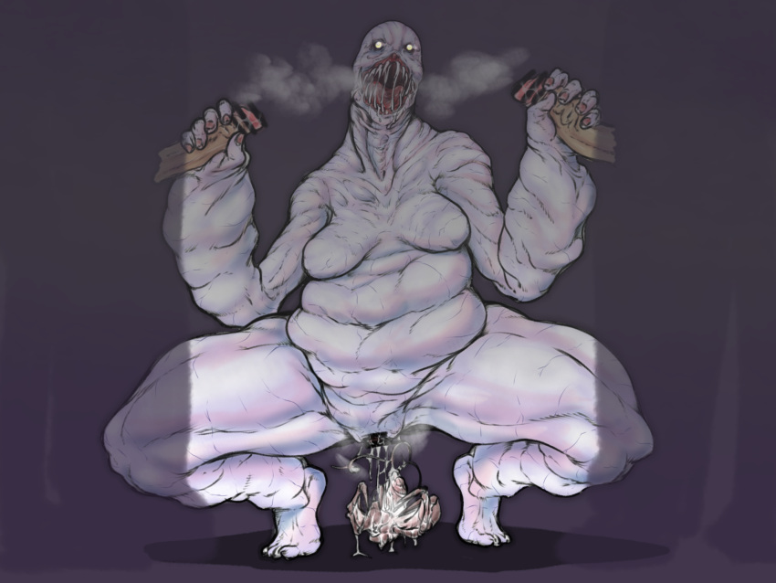 4:3 bald big_breasts birth bow_experiment_(resident_evil) breasts breath capcom censored chubby_female crouching disembodied_penis double_handjob erection featureless_breasts female genitals grey_body grey_skin group handjob hi_res human human_on_humanoid humanoid interspecies kumaneko las_plagas_parasite_(resident_evil) male male/female mammal monster monstrous_humanoid not_furry nude open_mouth overweight overweight_female penile penis pussy regenerator_(resident_evil) resident_evil sex sharp_teeth simple_background spread_legs spreading story story_in_description teeth teratophilia thick_thighs trio