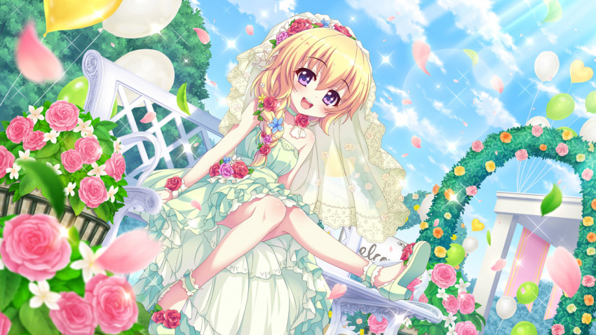 1girl :d ankle_garter arch balloon bare_arms bare_legs bare_shoulders blonde_hair blue_flower blue_sky braid cloud day dot_nose dress dutch_angle film_grain floral_arch flower from_below game_cg green_dress hair_flower hair_ornament hasegawa_mii heart_balloon high_heels izumi_tsubasu lens_flare long_hair looking_at_viewer non-web_source official_art on_bench open_mouth orange_flower orange_rose outdoors petals pink_flower pink_rose plant potted_plant purple_eyes re:stage! red_flower red_rose rose single_braid sitting sitting_on_bench sky smile solo sparkle sparkling_eyes strapless strapless_dress sunlight teeth tree upper_teeth_only wedding_dress white_footwear white_wristband wristband yellow_flower yellow_rose
