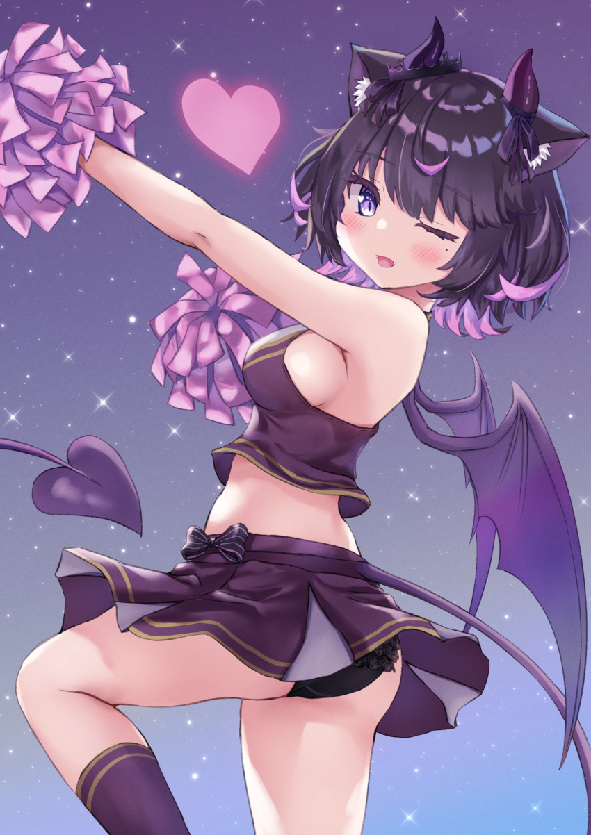 1girl animal_ear_fluff animal_ears arched_back arm_up ass bare_arms bare_shoulders black_bow black_hair black_pantyhose black_ribbon black_shirt black_skirt black_socks blush bow bow_skirt breasts cheerleader colored_inner_hair commission crop_top crown demon_girl demon_tail demon_wings eyelashes fangs from_side hand_up heart highres horn_ornament horn_ribbon horns indie_virtual_youtuber koaku_mayo leg_up long_tail looking_at_viewer looking_to_the_side matsu520 medium_breasts midriff miniskirt mole mole_under_eye multicolored_hair one_eye_closed open_mouth outstretched_arm pantyhose pink_hair pleated_skirt pom_pom_(cheerleading) purple_eyes ribbon shirt short_hair sideboob skeb_commission skirt sleeveless sleeveless_shirt smile socks solo sparkle standing striped striped_bow swept_bangs tail two-tone_hair virtual_youtuber wings