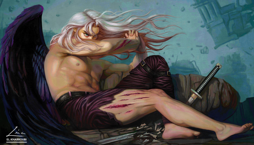 1boy abs absurdres alexandre_cabanel angel angel_wings animal_print artist_name barefoot belt black_belt bleeding blood blue_background blue_eyes broken broken_weapon fallen_angel fallen_angel_(painting) feathered_wings final_fantasy final_fantasy_vii fine_art_parody from_side full_body furrowed_brow grey_hair highres interlocked_fingers linala long_hair looking_up lying male_focus nipples outdoors parody pectorals rock scratches sephiroth signature sitting solo sword thigh_strap tiger_print toes topless_male v-shaped_eyebrows very_long_hair weapon wings