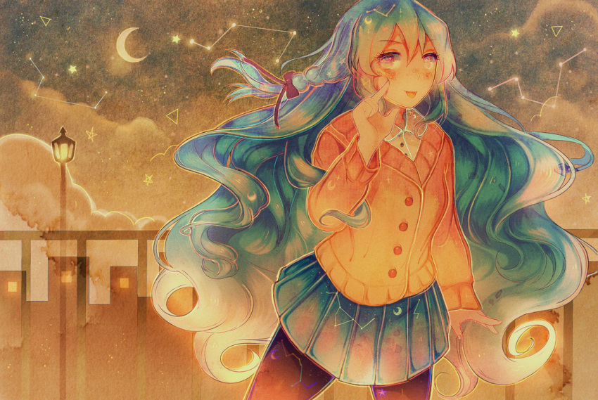 +_+ 1girl black_bow black_pantyhose blue_hair blue_skirt blush bow braid buttons cityscape cloud cloudy_sky collared_shirt commission constellation constellation_print crescent_moon crescent_print english_commentary eyelashes finger_to_cheek hair_bow hoshi-pan jacket lamppost long_hair long_sleeves looking_at_viewer miniskirt moon night night_sky open_mouth original outdoors pantyhose pink_jacket pleated_skirt purple_eyes railing shirt single_braid skirt sky smile sweater_jacket very_long_hair wavy_hair white_shirt window