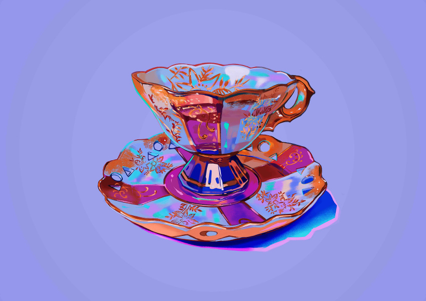 absurdres art_study commentary cup english_commentary highres meyoco no_humans original purple_background saucer simple_background still_life teacup