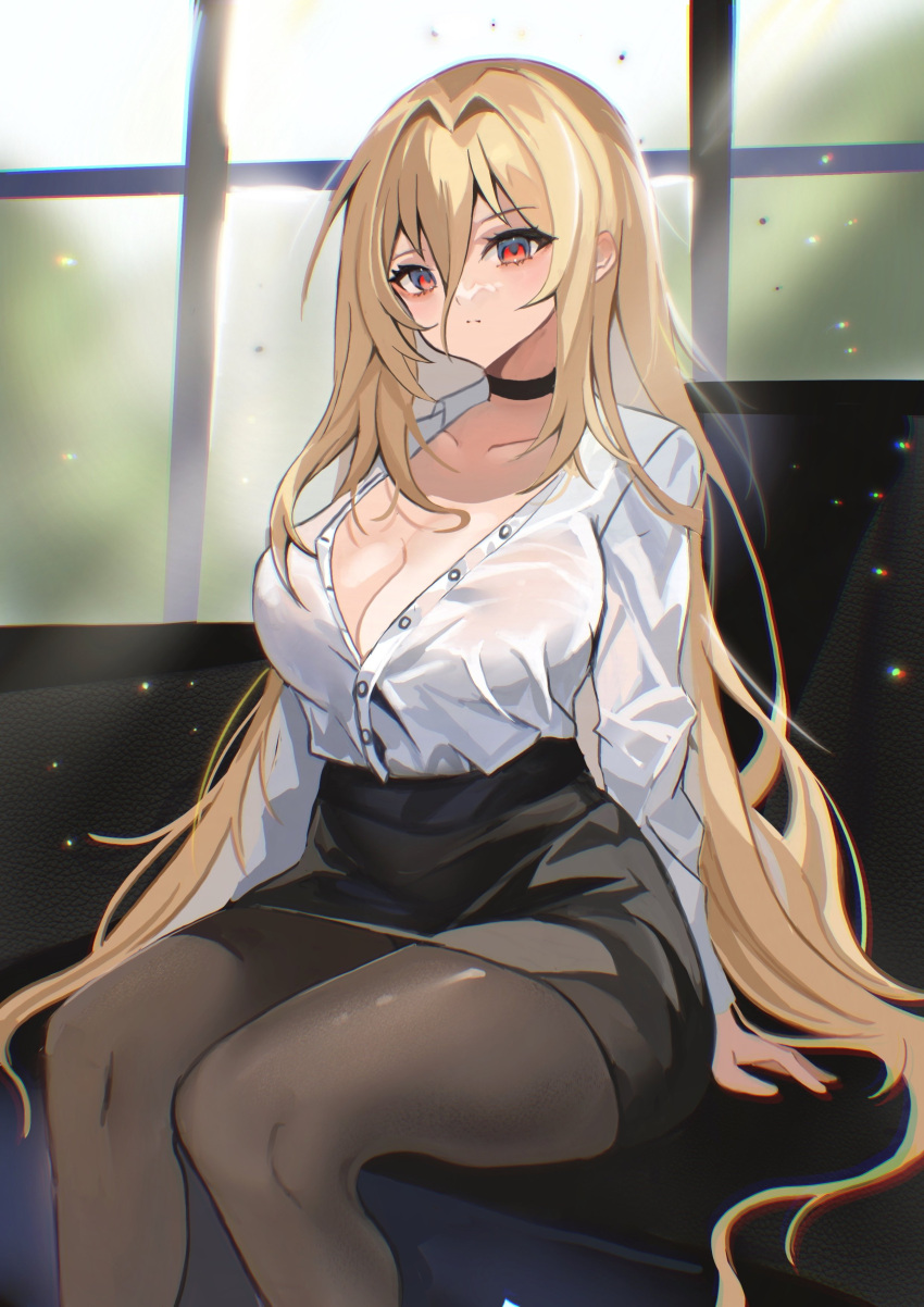 1girl absurdres azur_lane black_choker black_pantyhose black_skirt blonde_hair breasts choker cleavage closed_mouth collarbone hair_intakes high-waist_skirt highres implacable_(azur_lane) implacable_(shepherd_of_the_"lost")_(azur_lane) indoors komuer large_breasts long_bangs long_hair long_sleeves looking_at_viewer official_alternate_costume pantyhose partially_unbuttoned pencil_skirt red_eyes shirt shirt_tucked_in sitting skirt solo teacher very_long_hair white_shirt window