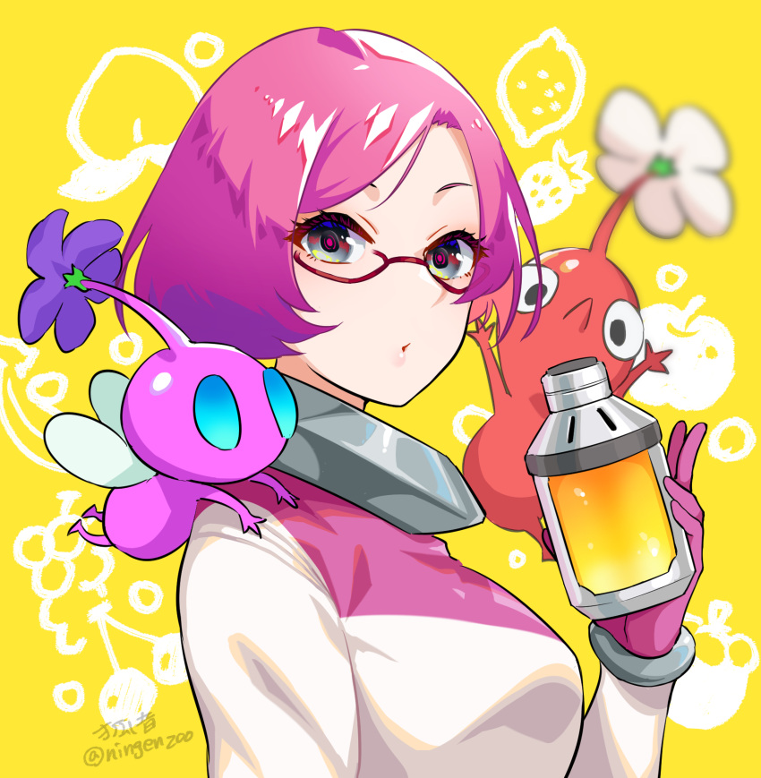 1girl :o animification apple banana bodysuit brittany_(pikmin) cherry eyelashes flower food fruit gloves grapes grey_eyes highres holding ko-on_(ningen_zoo) lemon peach pikmin_(creature) pikmin_(series) pikmin_3 pink_gloves pink_hair purple_flower red-framed_eyewear short_hair solo_focus spacesuit strawberry white_bodysuit white_flower wings yellow_background