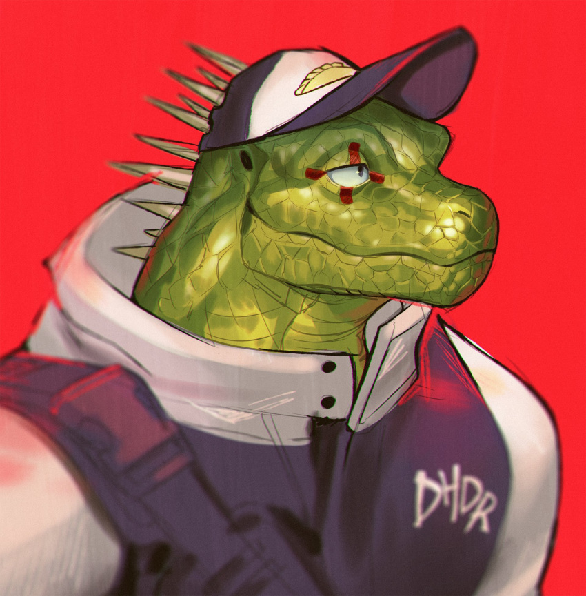 caiman_(dorohedoro) cape colored_skin dorohedoro green_skin highres oskar_vega red_background reptile_boy