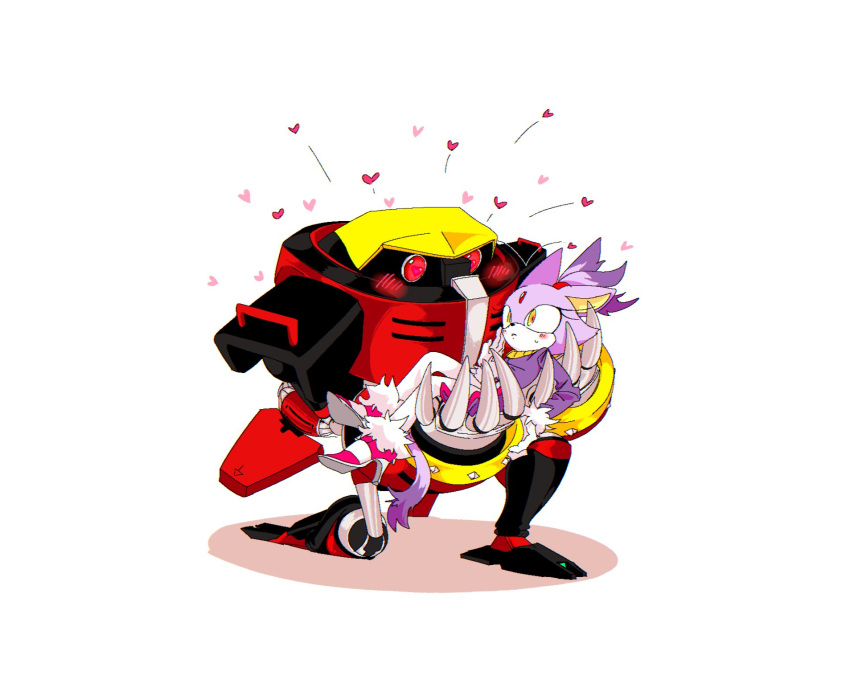 1girl blaze_the_cat blush carrying cat_girl e-123_omega eyelashes forehead_jewel furry furry_female gold_necklace heart highres jacket jewelry kneeling necklace pants pink_footwear ponytail princess_carry purple_fur purple_jacket red_eyes robot sonic_(series) white_pants yamimatsu7 yellow_eyes
