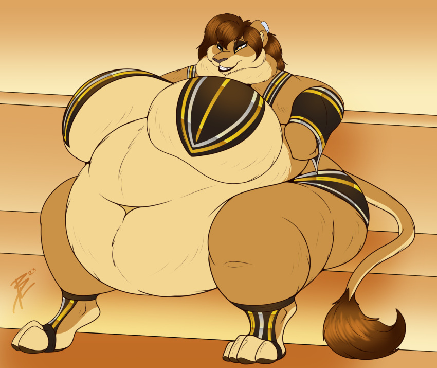 2023 anthro big_breasts big_butt brasslion breasts brown_hair butt digital_media_(artwork) eyeliner felid female hair hi_res huge_belly huge_breasts huge_butt lion makeup mammal navel obese obese_anthro obese_female overweight overweight_anthro overweight_female pantherine sitting solo