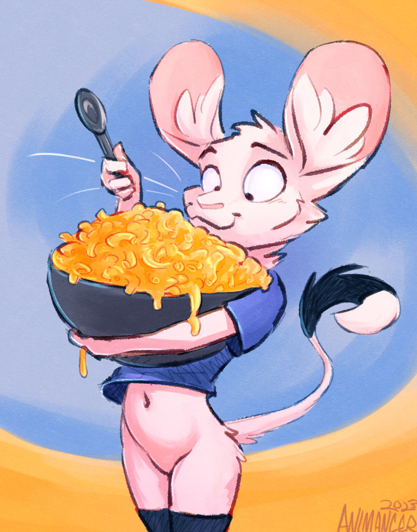 animancer belly bottomless cheese clothed clothing cutlery dairy_products dipodid female food hi_res jerboa kitchen_utensils luck_(animancer) mac_and_cheese macaroni mammal pasta rodent spoon tools