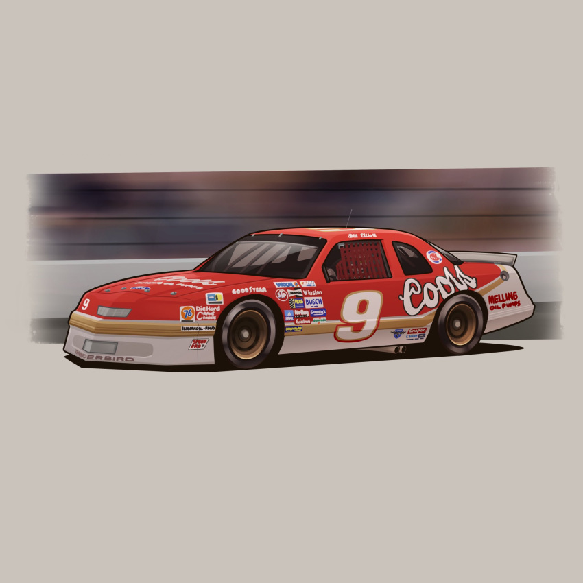 1boy arhentol bill_elliot car coors_light driving ford ford_thunderbird from_side goodyear helmet highres motion_blur motor_vehicle nascar race_vehicle racecar real_life vehicle_focus