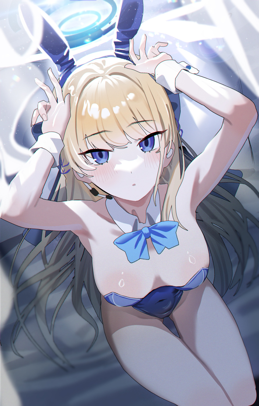 1girl absurdres animal_ears armpits arms_up bare_shoulders blonde_hair blue_archive blue_eyes blue_leotard bow bowtie breasts covered_navel detached_collar earpiece fake_animal_ears from_above halo highres jiki_(gkdlfnzo1245) leotard long_hair looking_at_viewer looking_up medium_breasts official_alternate_costume parted_lips rabbit_ears sitting solo strapless strapless_leotard thigh_gap thighs toki_(blue_archive) toki_(bunny)_(blue_archive) very_long_hair wrist_cuffs