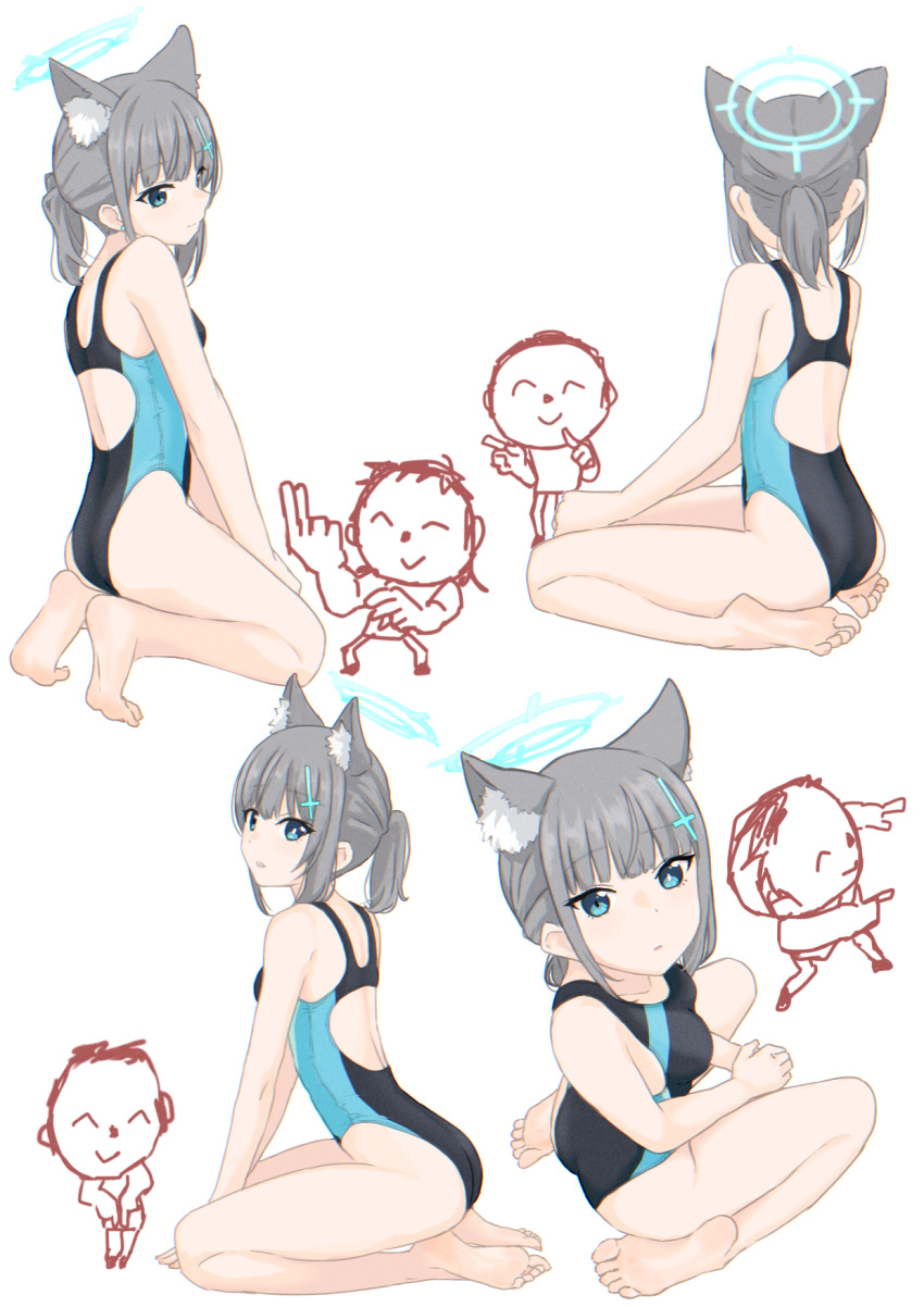 1boy 1girl animal_ear_fluff animal_ears arona's_sensei_doodle_(blue_archive) ass back_cutout barefoot black_one-piece_swimsuit blue_archive blue_eyes blue_hair blue_one-piece_swimsuit blunt_bangs blush breasts closed_mouth clothing_cutout collarbone commentary_request competition_swimsuit cross_hair_ornament dorsiflexion eyelashes feet from_above from_side full_body grey_hair hair_ornament highleg highleg_swimsuit highres kneeling legs long_hair looking_at_viewer multiple_views on_ground one-piece_swimsuit parted_lips ponytail sensei_(blue_archive) shiroko_(blue_archive) shiroko_(swimsuit)_(blue_archive) sidelocks simple_background sitting small_breasts soles swimsuit thighs toes two-tone_swimsuit wariza white_background yukkuri_bitto