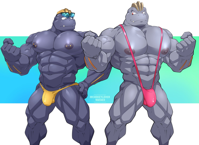 abs biceps duo eyewear eyewear_on_head flint_steel generation_1_pokemon hi_res humanoid machoke maldu male male/male muscular muscular_humanoid muscular_male muscular_thighs nintendo nipple_piercing nipples pecs piercing pokemon pokemon_(species) ryuji_kaiyo sunglasses sunglasses_on_head vein veiny_muscles