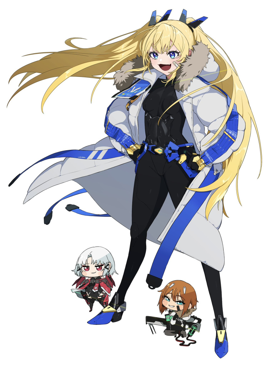 bandaid bandaid_on_cheek bandaid_on_face belt black_bodysuit black_gloves blonde_hair blue_eyes bodysuit breasts chibi coat covered_collarbone covered_navel drake_(nikke) fang flexing fur-trimmed_coat fur_trim gloves goddess_of_victory:_nikke hair_between_eyes hand_on_own_hip hands_on_own_hips headgear highres laplace_(nikke) long_hair long_sleeves matis_(nikke) maxwell_(nikke) medium_breasts nikumanman open_clothes open_coat open_mouth sidelocks smile standing twintails two-tone_gloves white_coat