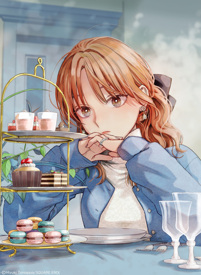 1girl absurdres brown_eyes buttons cherry closed_mouth cup cupcake drinking_glass earrings food fork fruit fuyutsuki_(koori_zokusei_danshi) highres interlocked_fingers jewelry koori_zokusei_danshi_to_cool_na_douryou_joshi leaf lipstick long_hair long_sleeves looking_at_viewer macaron makeup nail_polish official_art orange_hair plate ring second-party_source solo sweets tiered_tray tonogaya upper_body