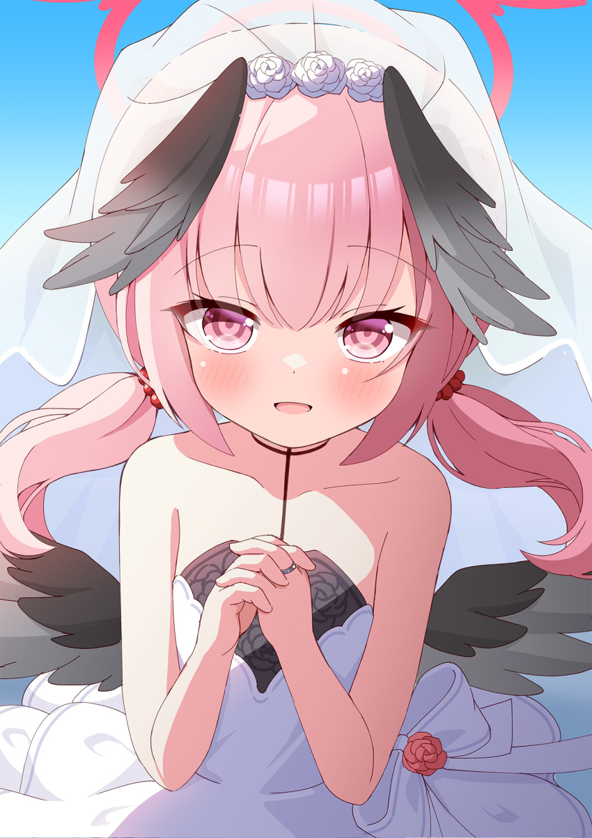 1girl azel_(laevateinn495) black_wings blue_archive blush dress feathered_wings flat_chest hair_between_eyes head_wings highres jewelry koharu_(blue_archive) long_hair looking_at_viewer open_mouth pink_eyes pink_hair ring smile solo twintails wedding_dress wedding_ring white_dress wings