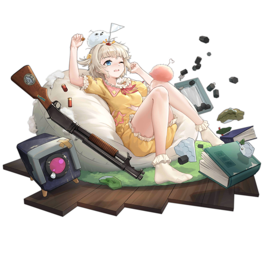 1girl ankle_socks arm_up bare_arms bare_legs bean_bag_chair bird blonde_hair blue_eyes board_game book box chilunchilun damaged feet flag full_body girls'_frontline gun hair_ornament hair_scrunchie hand_up highres holding lying m1897_(forest_game)_(girls'_frontline) m1897_(girls'_frontline) messy notice_lines official_alternate_costume official_art on_back one_eye_closed open_box open_mouth pajamas pink_bird pump_action rug scrunchie short_hair short_sleeves shotgun shotgun_shell simple_background socks solo sticker tape teardrop third-party_source torn_clothes transparent_background unkempt weapon white_bird white_flag white_socks winchester_model_1897 wooden_floor yellow_pajamas yellow_scrunchie
