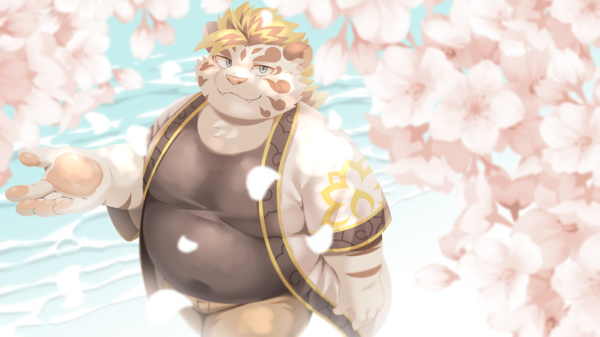 2023 absurd_res anthro belly big_belly bottomwear cherry_blossom cherry_blossom_tree cherry_tree clothing felid fruit_tree hi_res kemono licho_(tas) lifewonders male mammal overweight overweight_male pantherine pants plant ptcmtr shirt solo tiger tokyo_afterschool_summoners topwear tree white_body