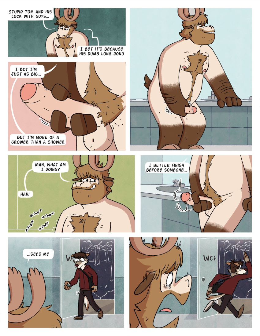 anthro antlers bathroom beard body_hair brown_arms bulge canid canine canis capreoline caught caught_masturbating chest_hair chest_tuft clothed clothing comic deer dialogue eyewear facial_hair genitals glasses happy_trail hi_res hooves horn male mammal masturbation meme moose nardodraws nipples nope nude solo speech_bubble tail tail_tuft tuft white_body wolf