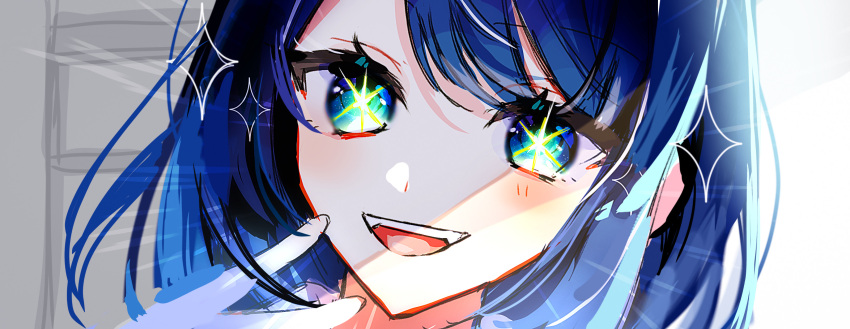 1girl absurdres aqua_eyes blue_eyes blue_hair blush close-up commentary gradient_eyes hair_between_eyes highres kurokawa_akane looking_at_viewer medium_hair multicolored_eyes n_ohn6 open_mouth oshi_no_ko pointing pointing_at_viewer portrait sidelighting sidelocks sketch smile solo star-shaped_pupils star_(symbol) swept_bangs symbol-shaped_pupils teeth upper_teeth_only