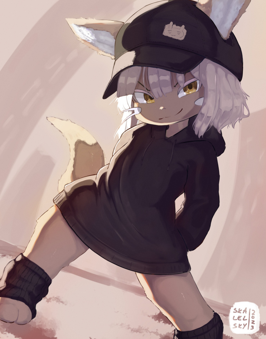 abstract_background absurd_res anthro clothing digital_media_(artwork) female fur hat headgear headwear hi_res hoodie_vest leg_warmers legwear light_from_behind lit_from_behind looking_at_viewer made_in_abyss nanachi paws pose skalelsky smug_face solo tan_body tan_fur yellow_eyes