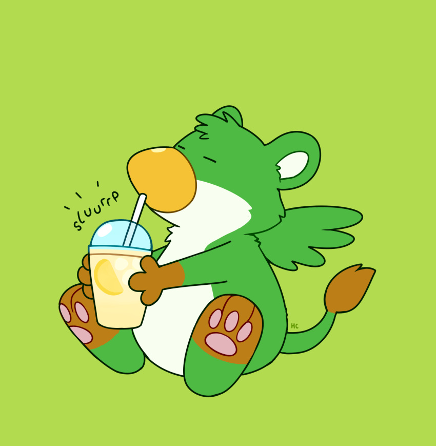 avian beak beverage drawing flat_colors fur green_background green_body green_fur gryphon happycrumble hi_res lemonade mythological_avian mythology paws simple_background wings