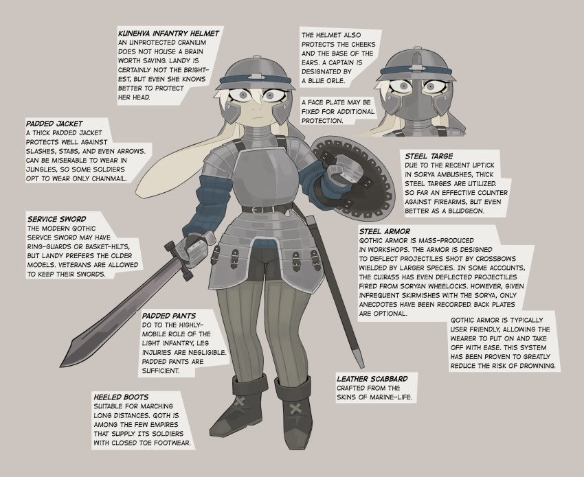 2023 anthro armor belt biped boots bottomwear brown_background chausses clothed clothing cuirass english_text faceplate faulds female footwear fur furgonomic_headwear furgonomics gambeson gauntlets gloves grey_eyes handwear headgear helmet hi_res holding_object holding_sword holding_weapon lagomorph landylyn_(yitexity) leporid long_ears looking_at_viewer mammal medieval_armor melee_weapon model_sheet pants plackart plate_armor rabbit simple_background solo spaulder standing sword tassets text weapon white_body white_fur yitexity