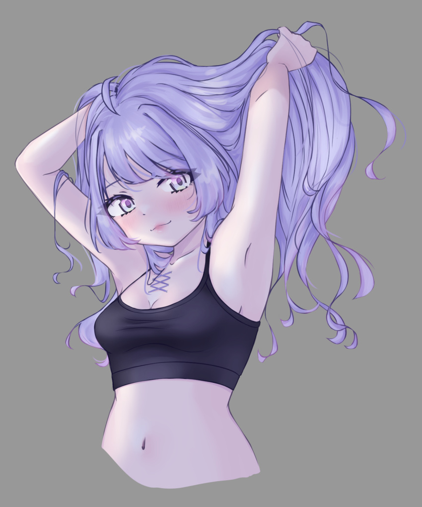 1girl amiya_aranha amiya_aranha_(artist) armpits blush breasts cleavage collarbone english_commentary grey_background hand_in_own_hair highres holding_own_hair indie_virtual_youtuber long_hair looking_to_the_side medium_breasts midriff navel purple_eyes purple_hair simple_background smile solo upper_body virtual_youtuber