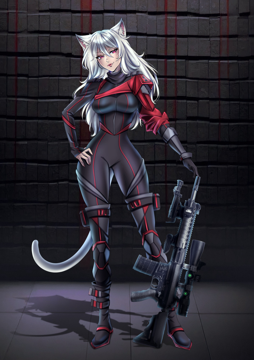 absurdres animal_ears ar-15 black_suit cat_ears cat_girl cat_tail corvax_station formal gun highres non-web_source red_eyes rifle space_station_13 space_station_14 ss13 ss14 suit tail weapon werkas white_fur white_hair
