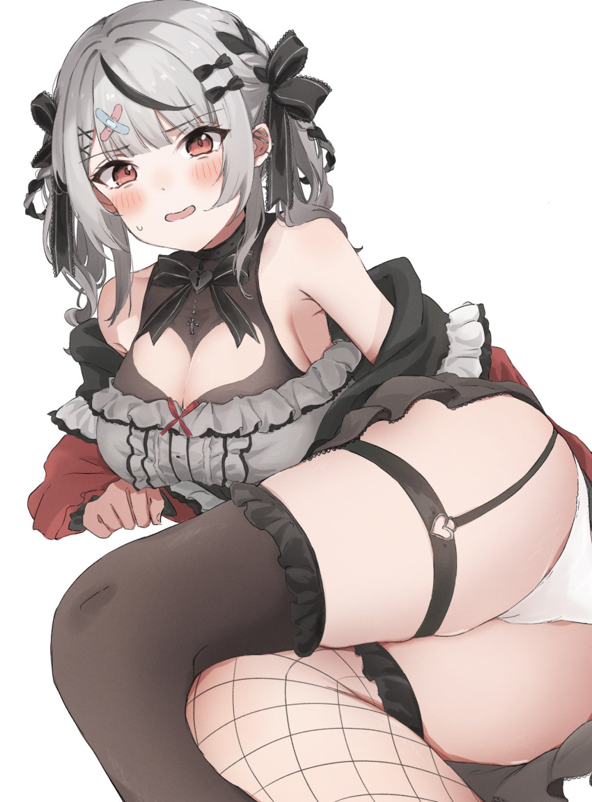 1girl arm_support ass ass_focus bandaid_hair_ornament black_bow black_coat black_dress black_hair black_thighhighs blush bow breasts cleavage_cutout clothing_cutout coat dress drill_hair ear_piercing fishnet_thighhighs fishnets frilled_dress frills grey_hair hair_bow hair_ornament heart_cutout highres hololive kuritaso111 large_breasts lying medium_hair multicolored_hair official_alternate_costume on_side panties piercing red_coat sakamata_chloe sakamata_chloe_(3rd_costume) shy sleeveless sleeveless_dress streaked_hair thick_thighs thighhighs thighs twin_drills two-sided_coat two-sided_fabric underwear virtual_youtuber wavy_mouth white_panties wide_hips x_hair_ornament