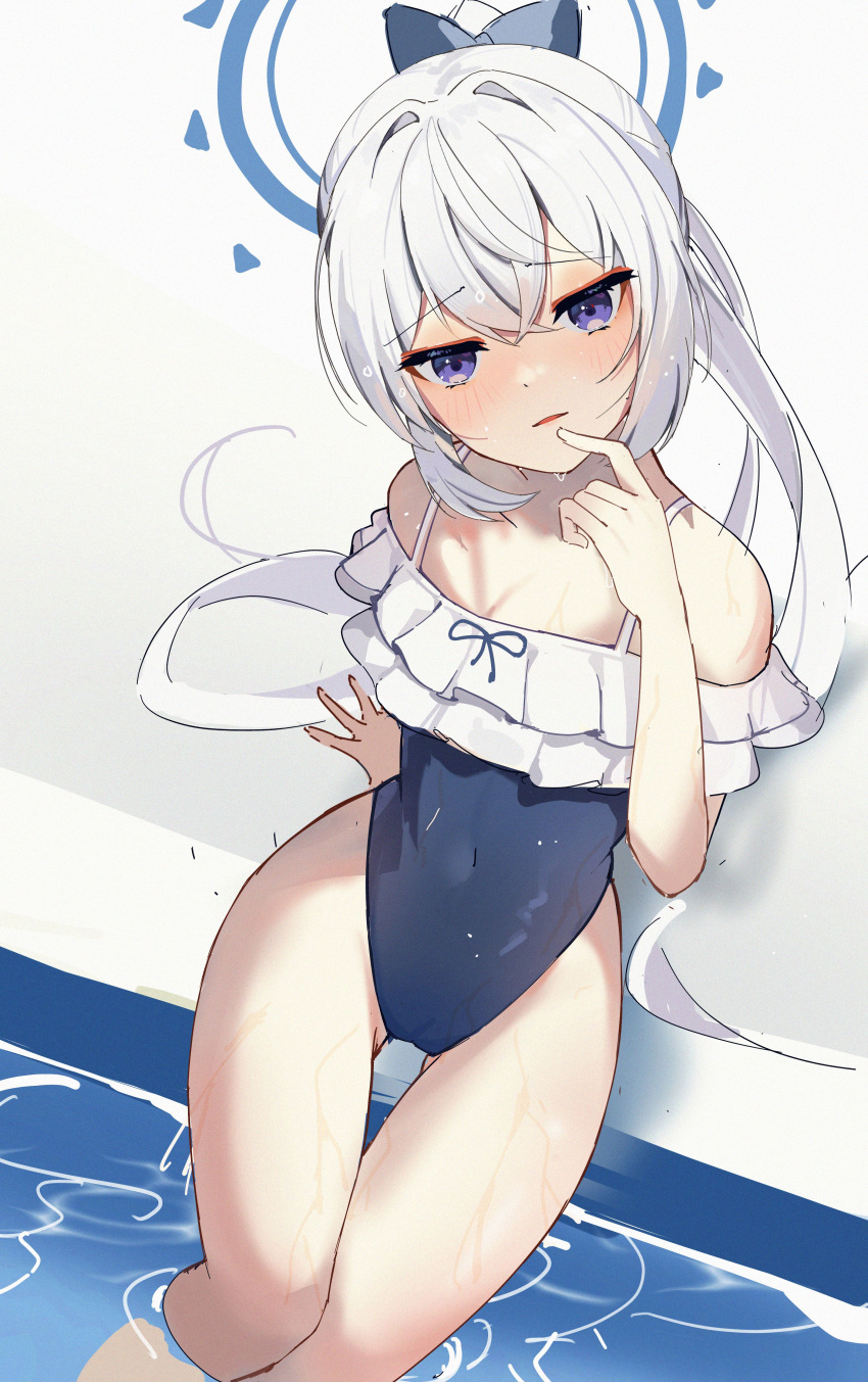 1girl absurdres blue_archive blue_bow blue_one-piece_swimsuit blush bow covered_navel feet_out_of_frame finger_to_mouth frilled_one-piece_swimsuit frills from_above hair_between_eyes hair_bow halo hiciki highres long_hair looking_at_viewer miyako_(blue_archive) miyako_(swimsuit)_(blue_archive) off-shoulder_one-piece_swimsuit off_shoulder one-piece_swimsuit parted_lips ponytail poolside purple_eyes solo swimsuit water white_hair