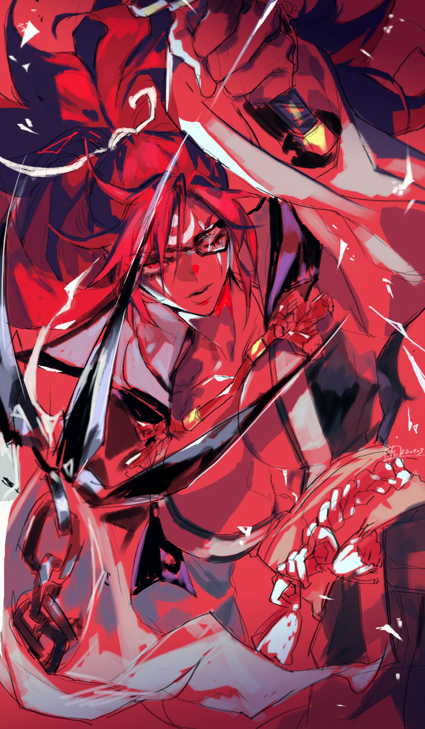 1girl absurdres akame_(chokydaum) amputee armor baiken big_hair black_jacket black_kimono breasts claw_(weapon) cleavage eyepatch facial_tattoo greaves guilty_gear guilty_gear_strive highres jacket jacket_on_shoulders japanese_clothes katana kimono large_breasts long_hair multicolored_clothes multicolored_kimono one-eyed open_clothes open_kimono pink_hair ponytail red_eyes samurai sash scar scar_across_eye scar_on_face solo sword tattoo torn_sleeve weapon white_kimono