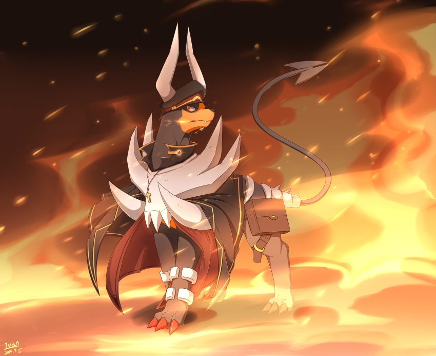 absurd_res adult_male cape character_name clothing cross detailed_background feral fire furgonomic_headwear glance hat headgear headwear hi_res ivan-jhang lian_(ivan-jhang) male mega_evolution mega_houndoom nintendo poke-chro pokemon pokemon_(species) solo waist_bag