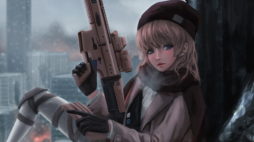 1girl acog aircraft assault_rifle beanie black_gloves black_headwear blonde_hair blue_eyes blunt_bangs building city cityscape close-up commentary cover dindsau english_commentary fire fn_scar girls'_frontline gloves grey_jacket gun hat helicopter highres holding holding_gun holding_weapon holster indoors jacket knee_pads knee_up long_hair long_sleeves looking_at_viewer magazine_(weapon) optical_sight panties pantyhose parted_lips reloading rifle rooftop ruins scar-l_(girls'_frontline) scope sidelocks sitting skyscraper strap suppressor tactical_clothes thigh_holster trigger_discipline underwear war weapon white_panties