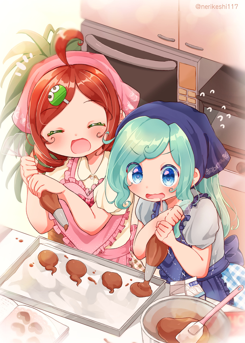 1boy 1girl :d ^_^ ahoge alternate_costume andou_ringo apple_print apron aqua_hair asymmetrical_sidelocks back_bow baking_sheet blue_apron blue_eyes blush book bow cabinet carton character_hair_ornament chocolate_making closed_eyes collared_shirt colored_eyelashes curly_hair drill_hair drooling ecolo_(puyopuyo) eyes_visible_through_hair flying_sweatdrops frilled_apron frills gear_print green_eyes hair_ornament hairclip head_scarf heart_apron highres indoors kitchen long_hair mixing_bowl mouth_drool notice_lines open_book oven pastry_bag pink_apron plant potted_plant puffy_short_sleeves puffy_sleeves puyo_(puyopuyo) puyopuyo red_hair shaking shinonome_pinano shirt short_sleeves sidelocks smile spatula strange_ecolo wavy_mouth