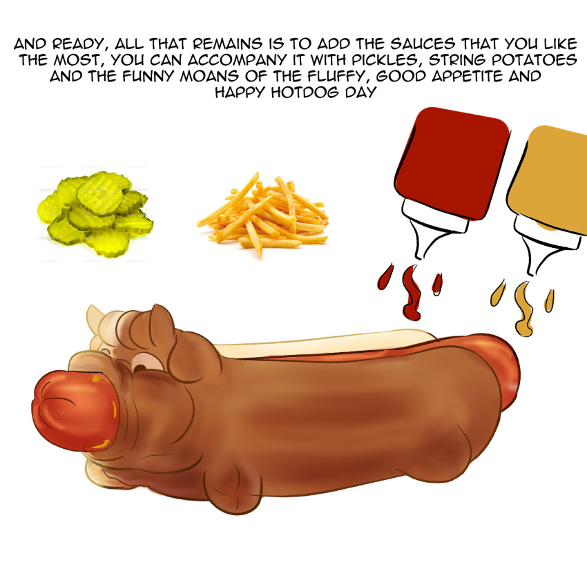 ambiguous_gender english_text feral fluffy_pony fluffy_pony_(species) food fries hi_res hot_dog hot_dog_bun inshi ketchup mustard pickles simple_background solo text white_background